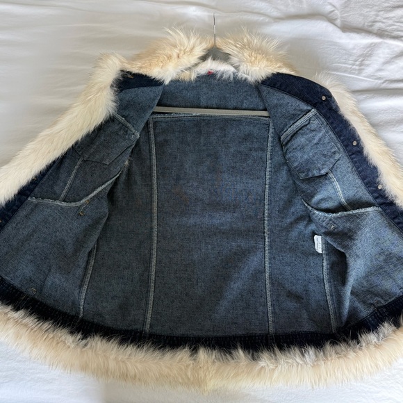 Vintage Denim Vest w Fox Fur Trim Womens Large 70s disco Y2K Mob Wife Penny Lane - Picture 5 of 7